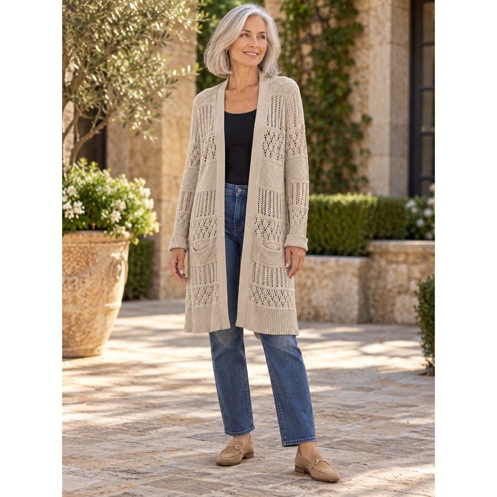 Cotton by Autumn Cashmere Cream Pointelle Open Front Longline Cardigan Large